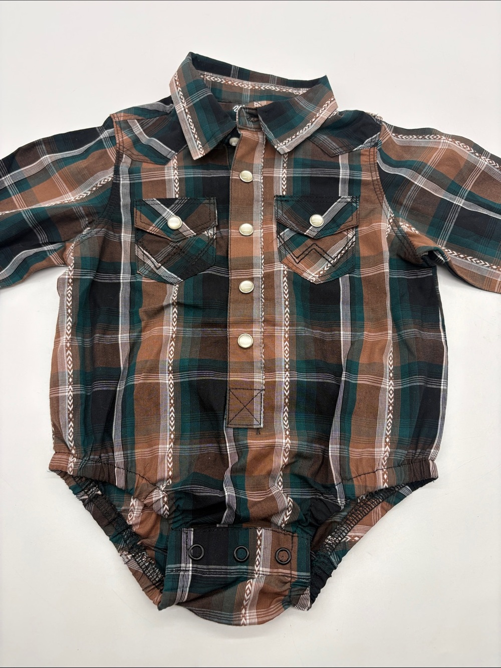 Wrangler Plaid Button-Front One-Piece in Brown & Green